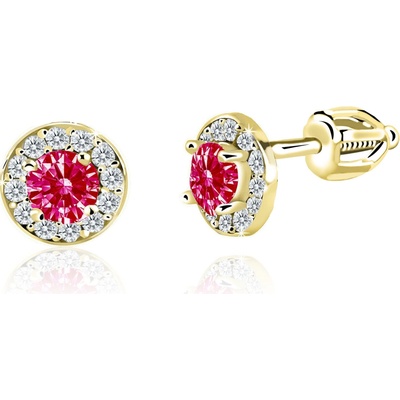 Duppi dievčenské náušnice okrúhle| DU 32039 zo žltého zlata s kamienkami uprostred rubínovo červenými okolo bielymi zapínánie balónik