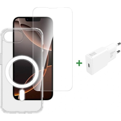 4smarts Хибриден удароустойчив кейс с MagSafe, стъклено покритие за дисплея, покритие за камерата и 20W захранване за iPhone 17e, iPhone 16e - 4smarts 3-in-1 Premium Starter Set (прозрачен) (541359)