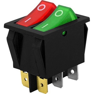 Vypínač kolébkový 250V/16A 2x0-I RD+GR dvojitý T120 červený/zelený (31x25mm)