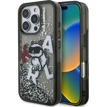 KARL LAGERFELD Кейс с течно брокат и лого на Karl Lagerfeld Choupette за iPhone 16 Pro Max - черен (3666339464059)