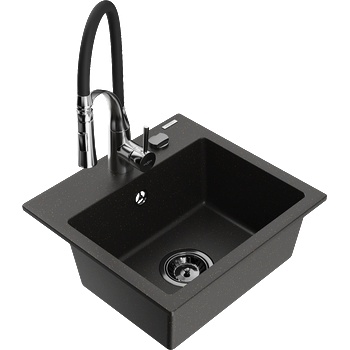 Mexen Milo гранитна кухненска мивка с една камера и кухненски смесител Aster, черен/златист металик - 6505-75-73450-07-B (6505-75-73450-07-B)