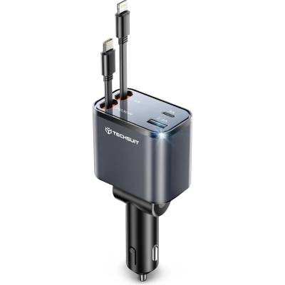 Techsuit - Премиум зарядно за кола NanoVoltX (C1) - с прибиращи се USB-C, Lightning кабели, USB 2.4A, PD30W, 69W, 180° - Сив