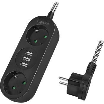 LogiLink Distributor 2, 2x CEE 7/3 + 3x USB-A, текстилен кабел, черен