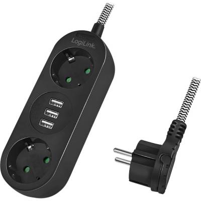 LogiLink Distributor 2, 2x CEE 7/3 + 3x USB-A, текстилен кабел, черен