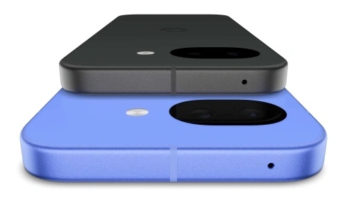 Marginea superioară a telefonului Google Pixel 10a în culorile Obsidian și Lavandă
