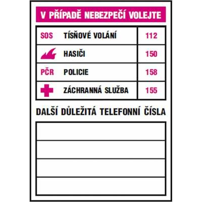tabulka - DŮLEŽITÁ TELEFONNÍ ČÍSLA 74x105mm samolepicí