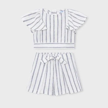 Mayoral Комплект тениска и пола-панталон бели с тъмно синьо райе за мини момиче Mayoral