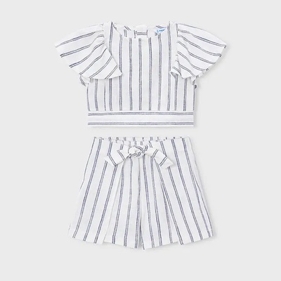 Mayoral Комплект тениска и пола-панталон бели с тъмно синьо райе за мини момиче Mayoral