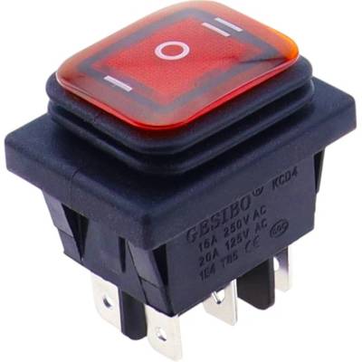 Kolískový vypínač obdĺžnikový s podsvietením KCD4, ON-OFF-ON, IP65, 250V/16A Červená