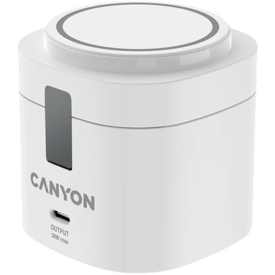 CANYON Безжична зарядна станция CANYON OnCharge 405, 4 in 1 Wireless Charging Stand, 30W max, Size: 70x70x70.3mm, weight: 414g, with 65W charger and 1M cable, white (CNS-WCS405W)