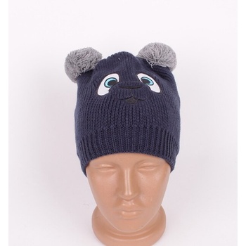 Тъмносиня детска плетена шапка мече със сиви помпони