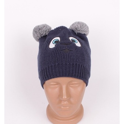 Тъмносиня детска плетена шапка мече със сиви помпони