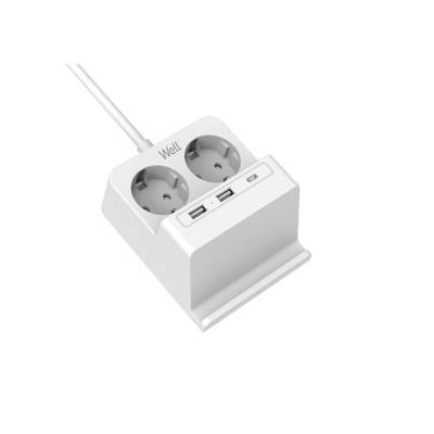 Well Удължител Well, Безжично зарядно, 2 гнезда, 2 USB-A порта, 1 USB-C порт, 2 м, Кабел 3 x 1, 5 мм, Бял (EXTS-2S2M-PROT/USBC3W-WL)