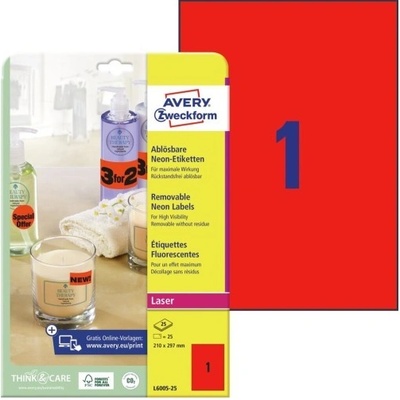 Avery Zweckform Neonové etikety pro laser 25 listů A4 červené 210 x 297 mm snímatelné L6005-25