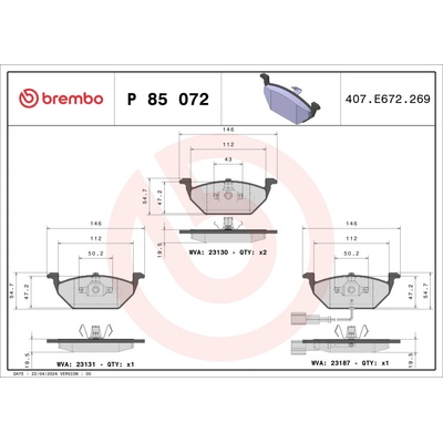 Sada brzdových destiček, vždy 4 kusy v sadě BREMBO P 85 072 (P85072)