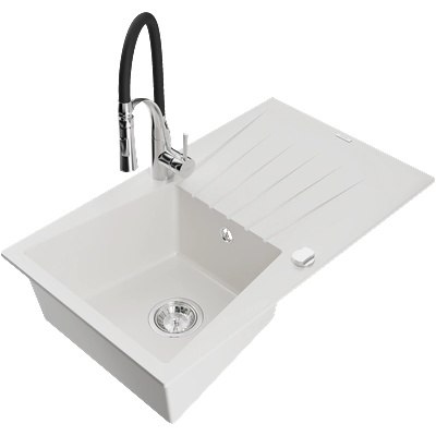 Mexen Cesar гранитна мивка с 1 отделение с отцедник и кухненски смесител Aster, бял - 6514-20-73450-07 (6514-20-73450-07)