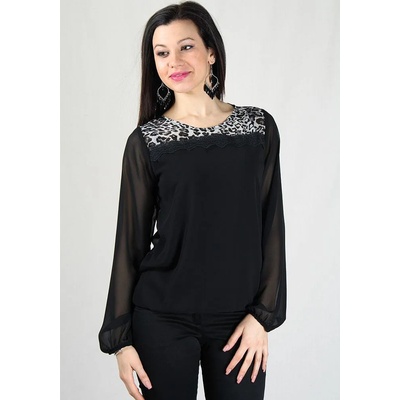 Rumena Дамска блуза от черен шифон с контраст и дантела на деколето bf rumena