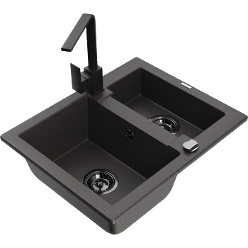 Mexen Carlos гранитна кухненска мивка с 1, 5 отделения и кухненски смесител Rita, черен напукан - 6518-76-670300-70-B (6518-76-670300-70-B)