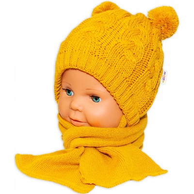 Baby Nellys Zimná pletená čiapočka s šálom Teddy horčicová s brmbolcami
