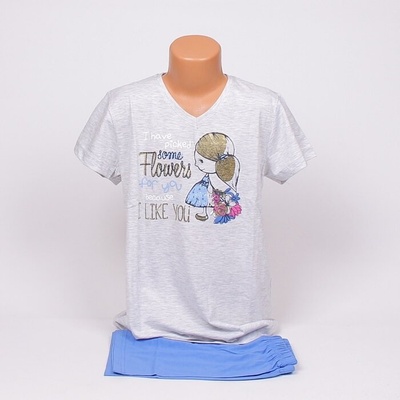 Детска лятна пижама в сиво и синьо с картинка на момиченце и надпис