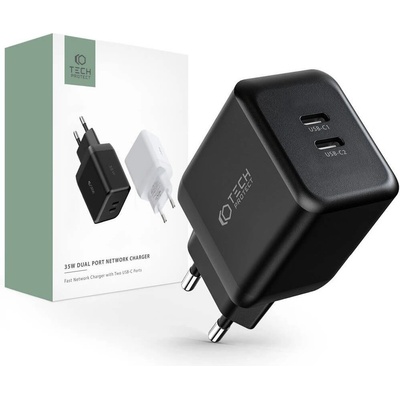Захранване за ел. мрежа с 2xUSB-C PD изходи с технология за бързо зареждане (черен) - Tech-Protect Wall Charger Dual USB-C 35W PD (THP1456)