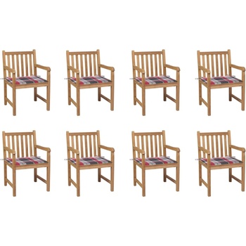 vidaXL Градински столове, 8 бр, възглавници на червено каре, тик масив (3073071)
