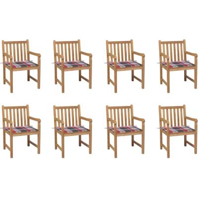 vidaXL Градински столове, 8 бр, възглавници на червено каре, тик масив (3073071)