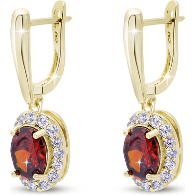 Biju Pozlacené náušnice s červeným oválným krystalem a čirým osazením 3797 1003797