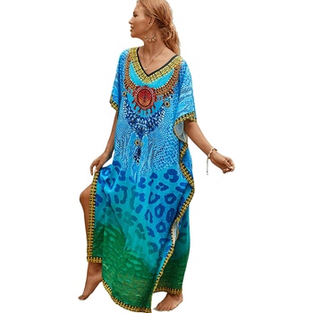 Image 1 of Дълга туника за плаж в синьо и зелено с животински принт