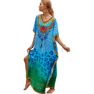 Дълга туника за плаж в синьо и зелено с животински принт