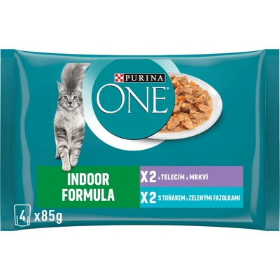 Purina One Indoor mini filetky s tuniakom a zelenými fazuľkami s teľacím a mrkvou v šťave 4 x 85 g