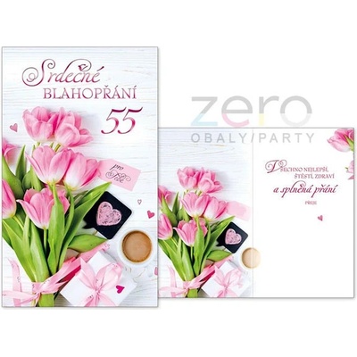 Přání s textem narozeninové 55 + obálka - tulipány
