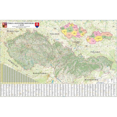 Česká a Slovenská rep. silniční obří - nástěnná mapa 200 x 140 cm, laminovaná s očky