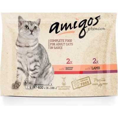 Amigos Premium Pouch - Пълноценна храна за израснали котки, с Говеждо и Агнешко 400 гр