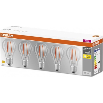 Osram Sada LED žiaroviek, 7 W, 806 lm, teplá biela, E27, 5 ks LED CLA60 7W/827 230V FIL E27 10X5