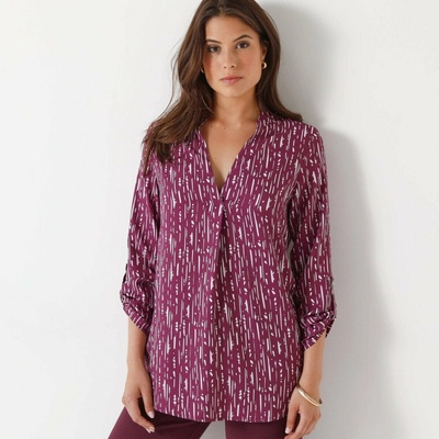 Dlouhá krepová halenka s grafickým potiskem švestková/bílá – Zboží Dáma