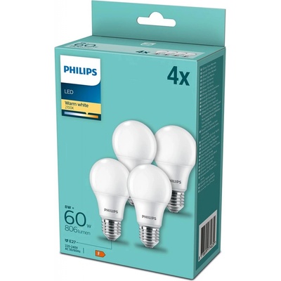 Philips 4PAK LED žárovka LED E27 A60 8W = 60W 806lm 2700K Teplá bílá PHIGREJ0205