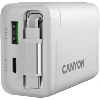 CANYON Адаптер за Захранване CANYON charger OnCharge 65RC Build-In Cable USB-C 65W 1xPD 1xQC EU White (CNS-CURC65ACW)