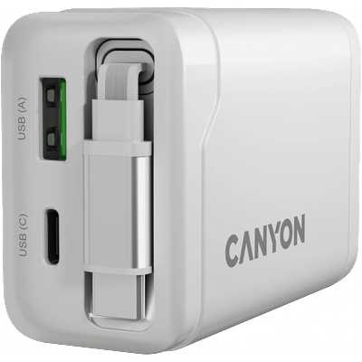 CANYON Адаптер за Захранване CANYON charger OnCharge 65RC Build-In Cable USB-C 65W 1xPD 1xQC EU White (CNS-CURC65ACW)