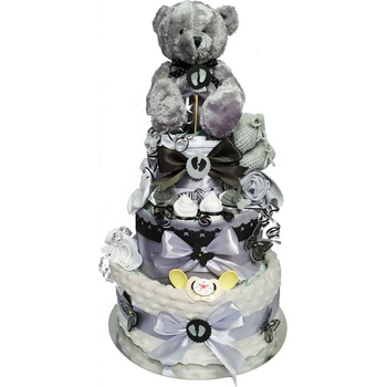 BabyDort šedý neutrální třípatrový plenkový dort pro miminko PREMIUM