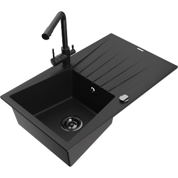 Mexen Cesar гранитна кухненска мивка с 1 корито, с отцедник и батерия Duero, черен - 6514-77-671600-70-B (6514-77-671600-70-B)