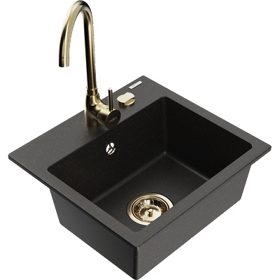 Mexen Milo гранитна мивка с 1 отделение с кухненски смесител Telma, черно/златно - 6505-75-670200-50 (6505-75-670200-50)
