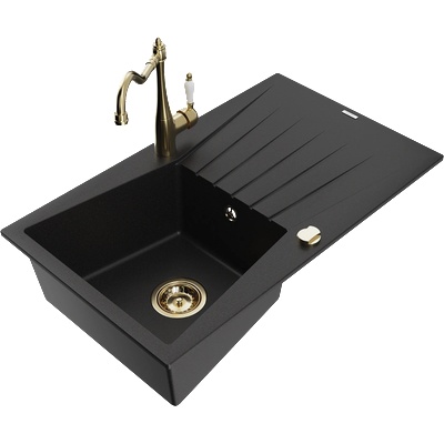 Mexen Cesar гранитна кухненска мивка с 1 отделение с отцедник и кухненски смесител Carla, черен - 6514-77-670700-50 (6514-77-670700-50)
