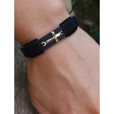 Мъжка кожена гривна със златен кръст