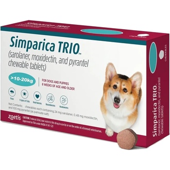 Zoetis Simparica Trio - Симпарика Трио, за кучета с тегло от 10.1 до 20 кг, 3 броя