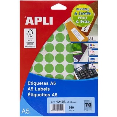 APLI Етикети, кръгли, 19 мм, цветни, a5, apli, зелени, 560 етикета в опаковка 12106 (12106)