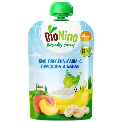 Био плодова закуска BioNino - Пауч с овесена каша, праскова и банан, 4 м+, 90 g (BN2577)