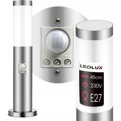 Stojaca záhradná lampa stĺpik pre LED žiarovku E27 45cm OZDOBNÁ INOX s PIR senzorom