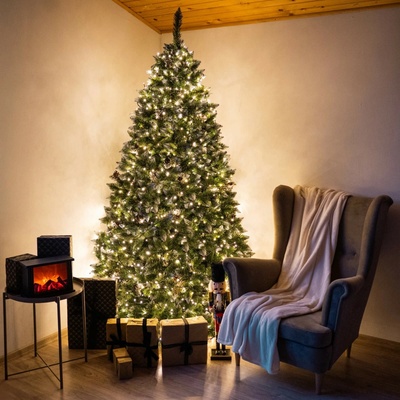 SPRINGOS Vianočný umelý stromček Borovica diamantová 220 cm so šiškami a inovaťou