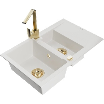 Mexen Gaspar гранитна мивка с 1, 5 отделения с отцедник и кухненски смесител Rita, бял - 6507-20-670300-50 (6507-20-670300-50)